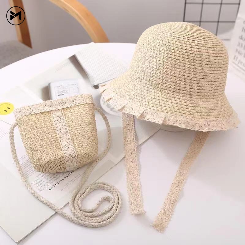 Set Túi Xách Và Nón Cói Thời Trang Đi Biển Xinh Xắn Dành Cho Bé Gái