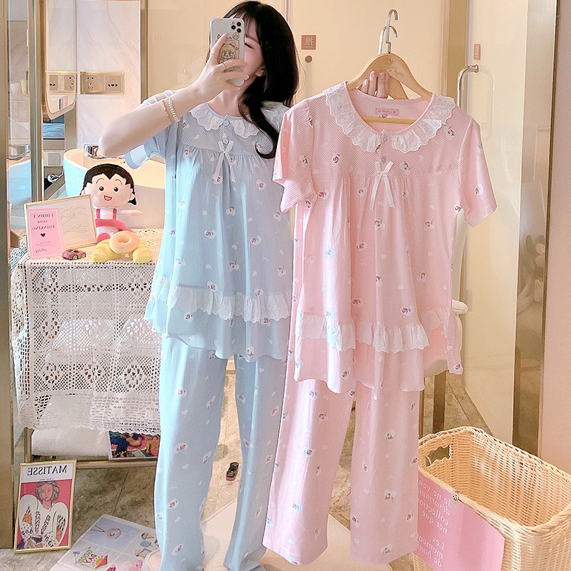 Bình thường cộng với chất béo cộng với kích thước ren ngắn tay đồ ngủ nữ cotton tinh khiết bộ đồ phục vụ tại nhà | BigBuy360 - bigbuy360.vn