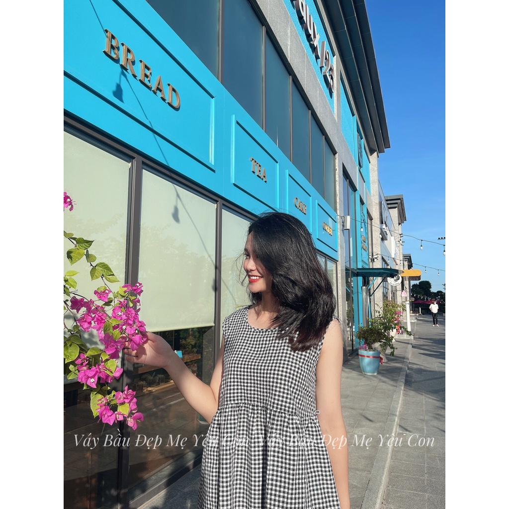Đầm bầu công sở Váy bầu đẹp Kẻ Caro Đen Sát Nách Nơ Sau MYC 1240