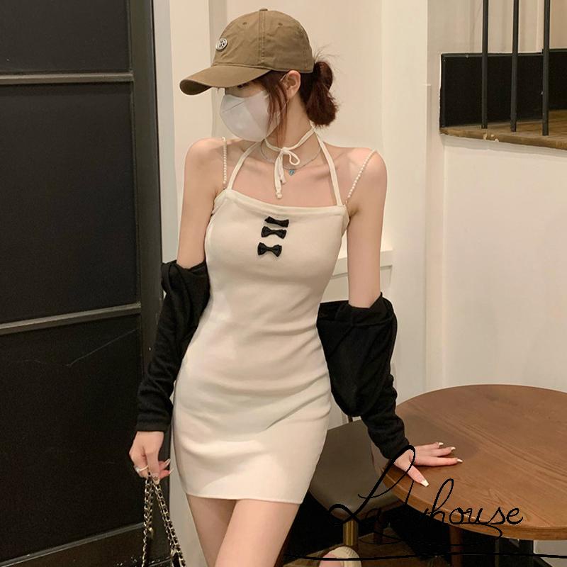 Đầm Ôm Dáng Hai Dây Cột Nơ Đính Ngọc Trai Nhân Tạo Thời Trang Cho Nữ