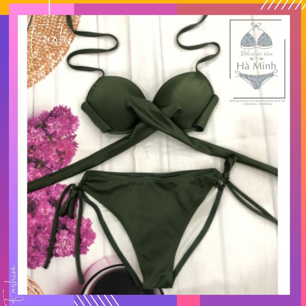 Bikini, bộ bơi áo gọng chéo nâng ngực, quần tam giác, màu xanh rêu, khoe dáng chuẩn EVA SHOP