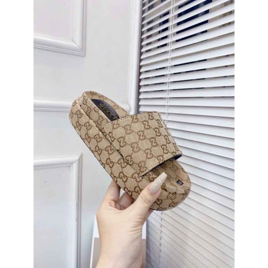 ( Nhiều họa tiết) Dép bản da Guci/lv đế bánh mì cao từ 3- 6cm