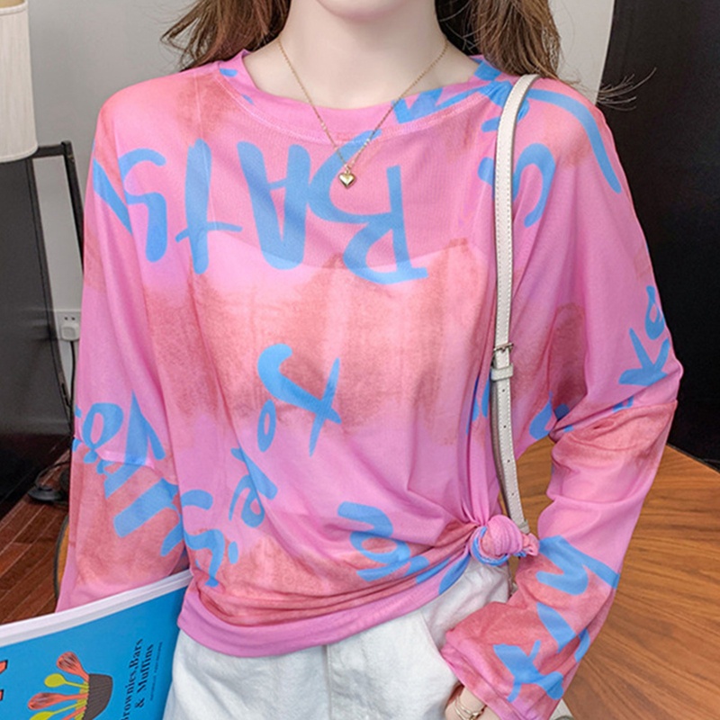 Áo Lưới Tay Dài In Chữ Màu Sắc Tương Phản Trọng Lượng Nhẹ Thoáng Khí Thời Trang Cho Nữ