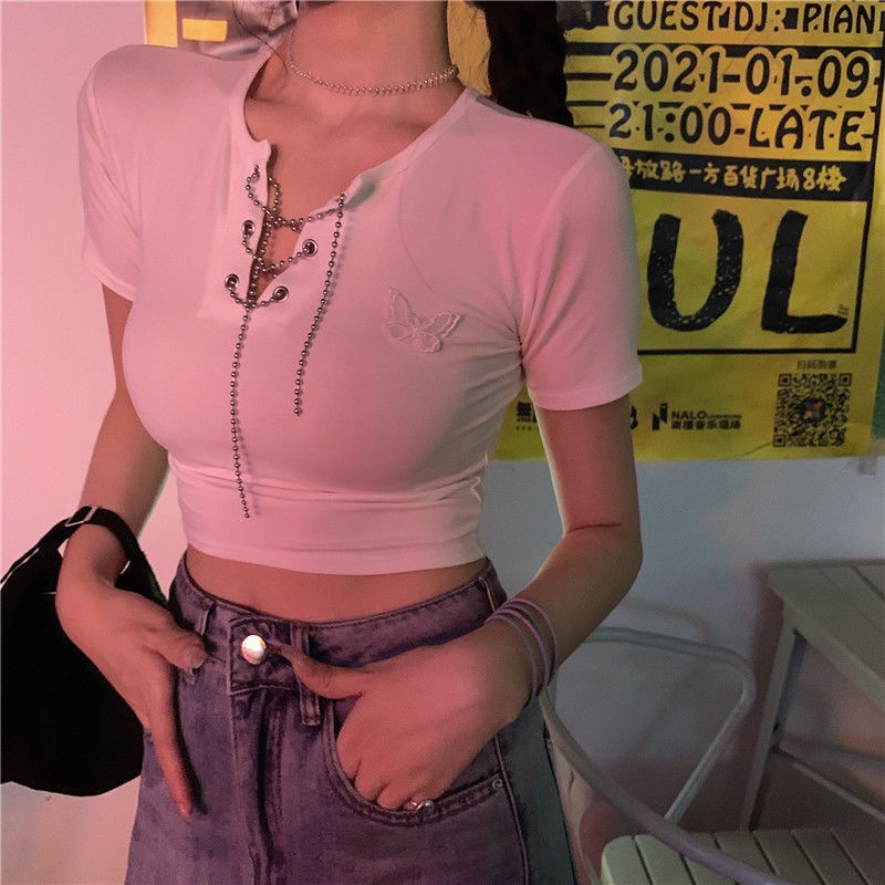 Áo croptop nữ Tay Ngắn Phối Dây Xích Phong Cách Mới 2022 JL-TX-217