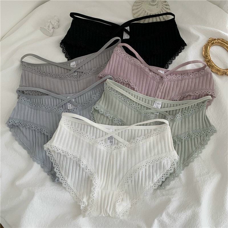 Được Chọn Màu - Quần Lót Nữ COTTON viền ren Sexy gân tăm 2 dây đan chéo quyến rũ - QL Mã 023