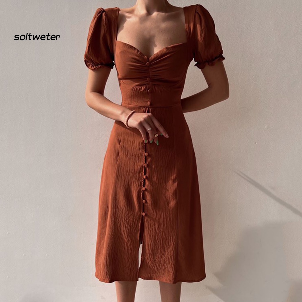 Đầm Midi Dáng Xòe Một Hàng Nút Thời Trang Đường Phố Gợi Cảm