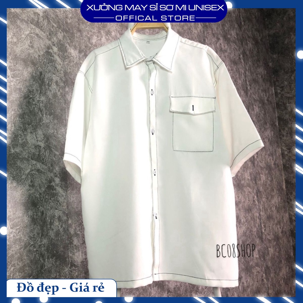 Áo Sơ Mi Nam Tay Lỡ Viền Chỉ Nổi Phong Cách Unisex 2 màu Đen Trắng 💯