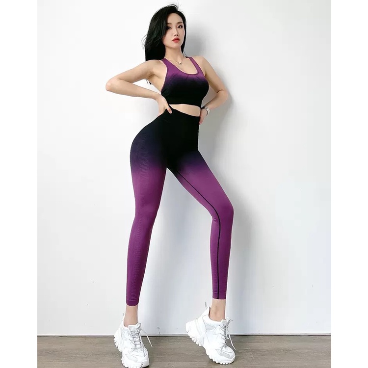 Đồ tập gym yoga nữ, set bộ dệt kim ombre NAQIYABEI áo bra quần dài chun mông tôn dáng cao cấp Bin Sports BD139