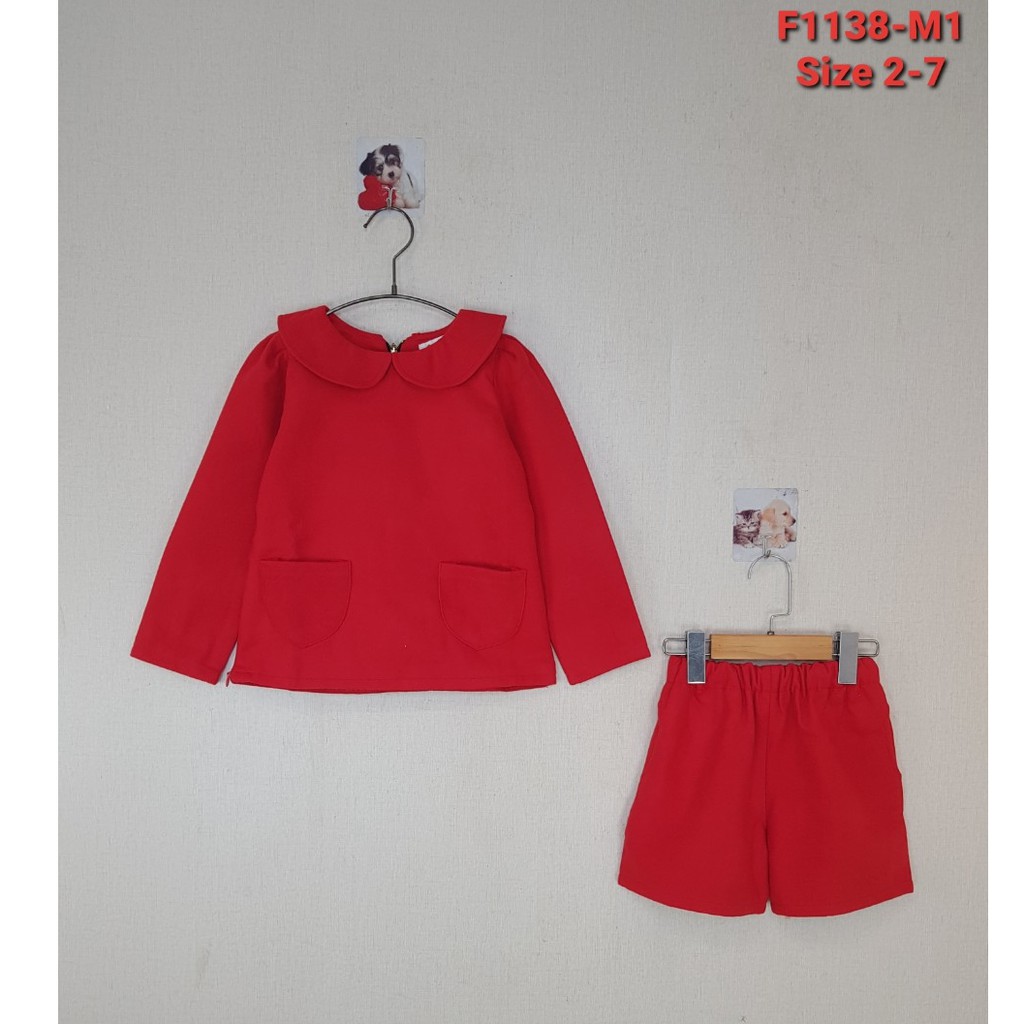 F1138M1- bộ dạ bé gái áo dài tay có khóa + quần đùi có 2 màu đỏ và hồng,hiệu chipikids, size 2-7 cho bé từ 10-23kg