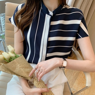 Áo sơ mi sọc mùa hè Áo sơ mi voan nữ tay ngắn áo sơ mi rộng