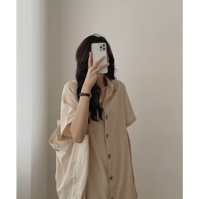 Váy Suông Tay Lỡ Khuy Gỗ VINTAGE Đầm Dài 3 Màu Chất Cotton Thoáng Mát