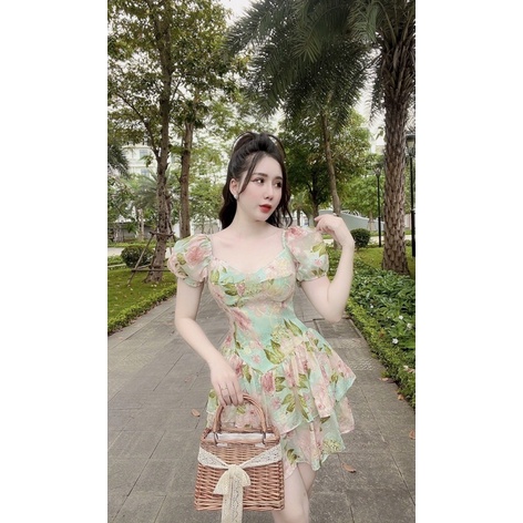 Váy tơ hoa tầng triết eo babi