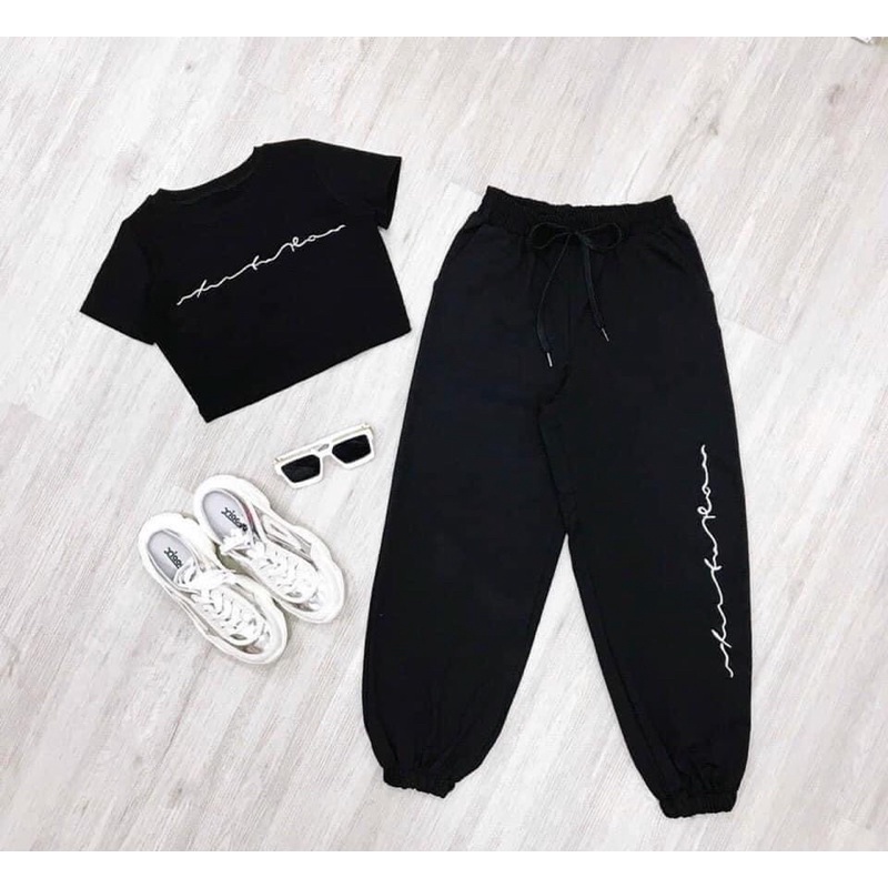 bộ thun áo croptop chữ ký quần jogger chun gấu nhảy dance cực cá tính