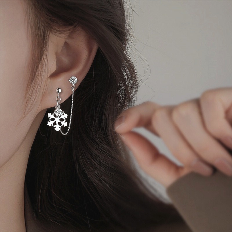 Bông Tai Bạc S925 Hoa Tuyết Hai Lỗ Xỏ Đính Đá Zircon Trẻ Trung Cá Tính | Khuyên Tai Nữ Trang Sức Bạc Thời Trang