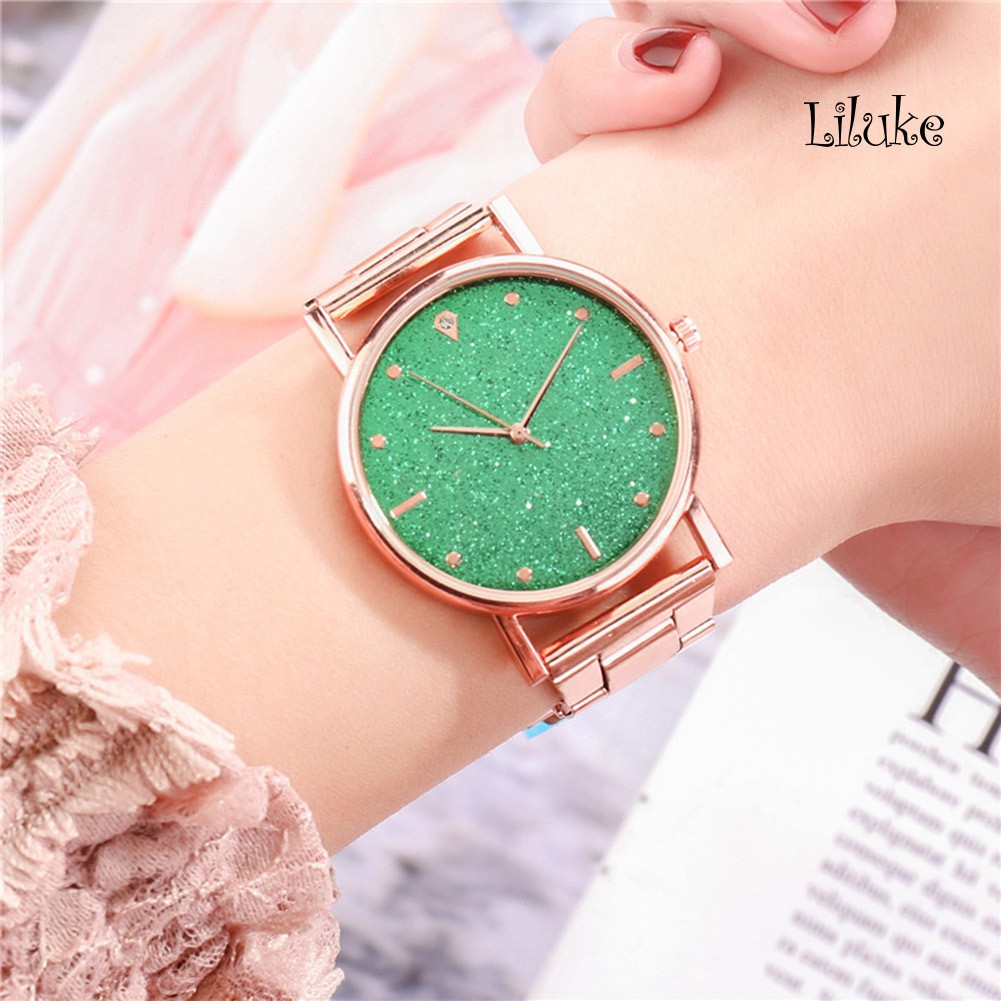 Đồng Hồ Đeo Tay Mặt Tròn Họa Tiết Sao Lấp Lánh Dây Thép Không Gỉ Thanh Lịch Cho Nữ