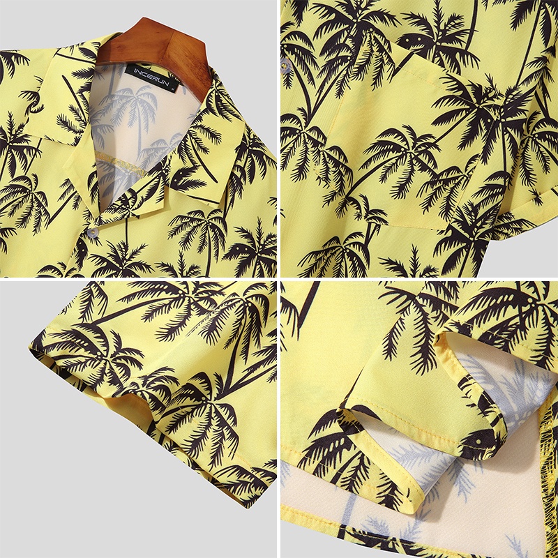 INCERUN Áo Sơ Mi Nam Ngắn Tay Cài Khuy In Hình 3 Lỗ Coplors Thời Trang Đi Biển