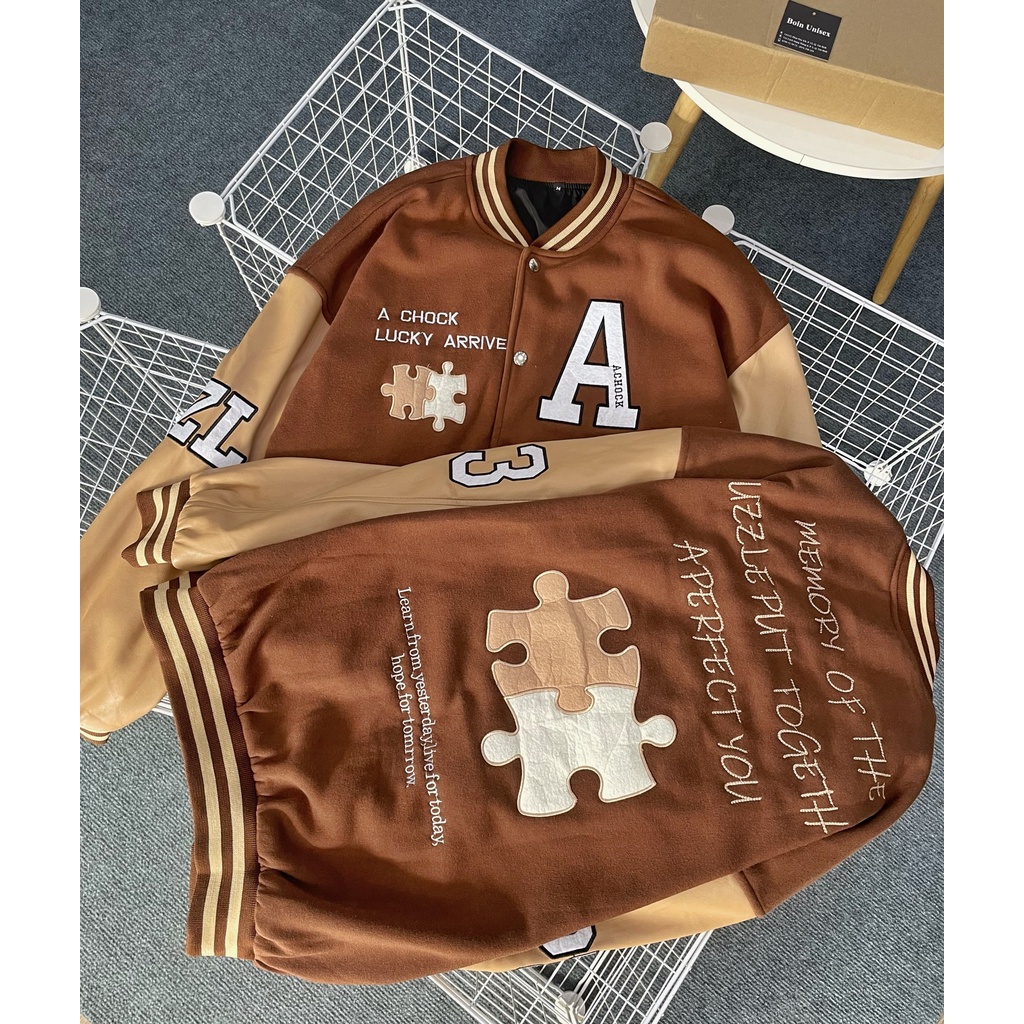 Áo khoác bomber jacket nam nữ phối Nâu tay da Boin shop thêu Lucky 2 lớp, chất nỉ bông siêu đẹp Phong cách ulzzang hàn