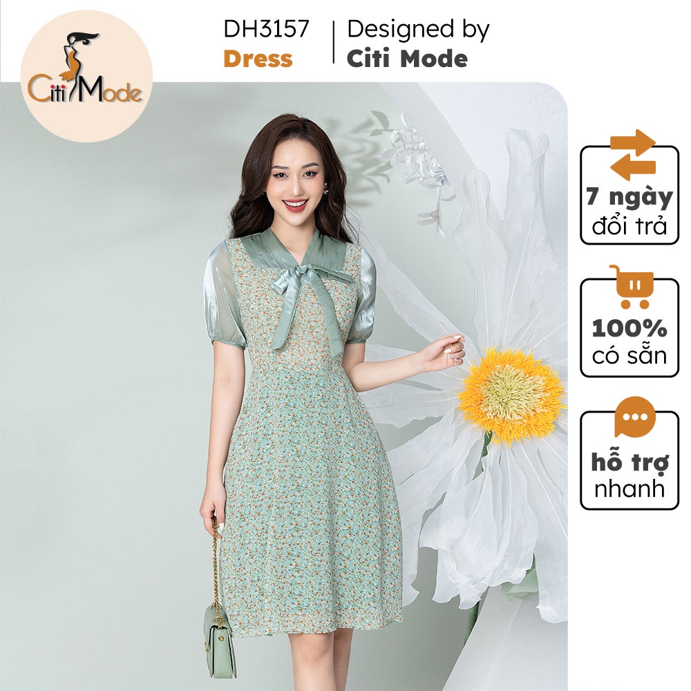 Đầm xòe công sở xanh lá CITI MODE hoa nhí cổ V đính nơ tay ngắn DH3157