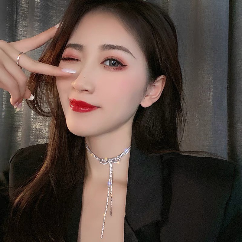 Choker nạm đá hình nơ Trang sức phụ kiện dự lễ lấp lánh sang trọng