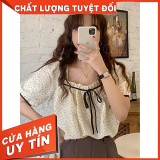 Áo Kiểu Nữ Hoa Nhí Tay Ngắn Bo, Cổ Vuông Ngực Bèo Tim /Hình Thật