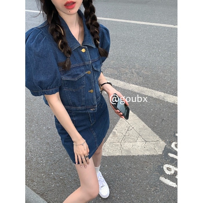 Set Trang Phục Áo Khoác Denim Tay Phồng Phối Chân Váy Chữ A Lưng Cao Phong Cách Vintage Dành Cho Nữ