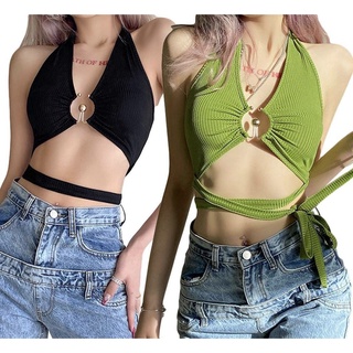 Áo croptop sát nách thun gân thiết kế dây đan chéo hở lưng quyến rũ