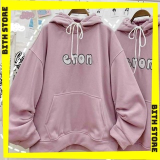 Áo Hoodie nữ tay phồng form rộng thêu chữ Eron có mũ chống nắng cực xịn