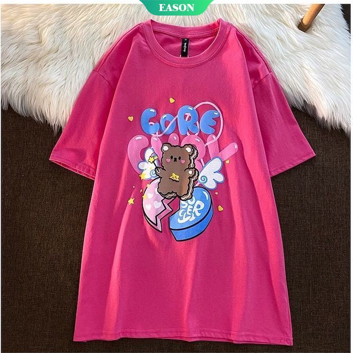Summer Cotton Short-sleeved T-shirt Cute Bear Print T-shirt Loose Casual Couple Short-sleeved T-shirt Sweet Girl【E.A】