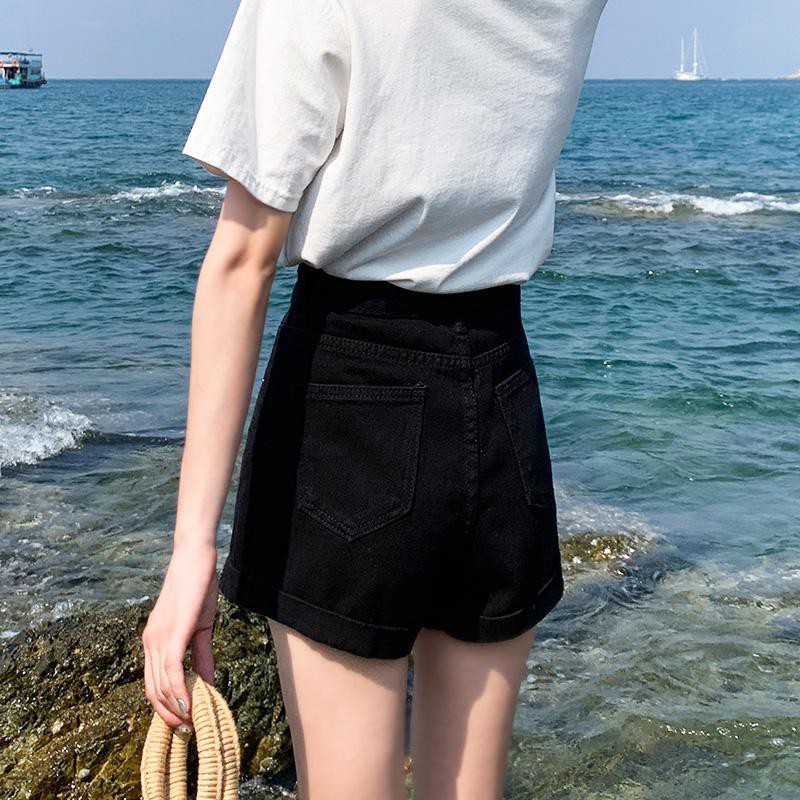 Mùa hè 2021 quần short denim rộng thùng thình phiên bản nữ Hàn Quốc với đường viền xoăn mỏng, quần dài sinh viên ống rộng thời thượng