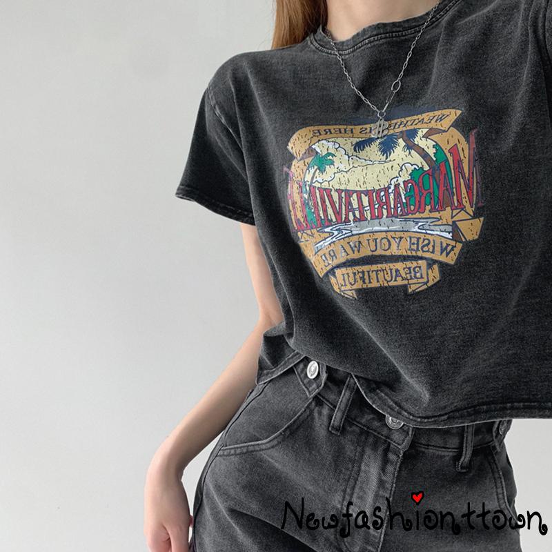 Áo Thun Tay Ngắn Cổ Tròn Thời Trang Phong Cách Vintage Cho Nữ