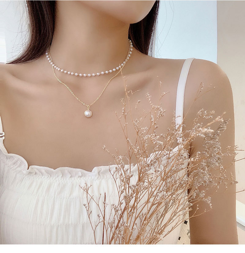 [Women Elegant Korean Retro Pearl Metal Double Layer Pendant Necklace ][Ladies Fashion Contracted Joker Collarbone Chain Double Pearl Necklace][Girls Jewelry Accessoriess Gifts]