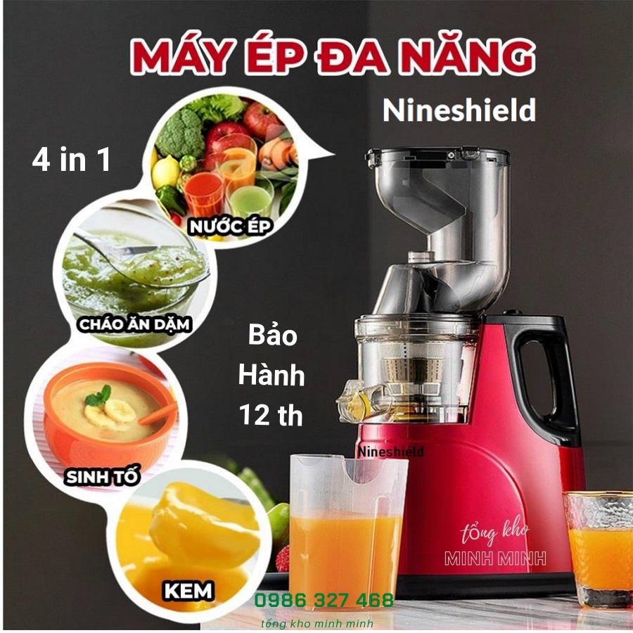 Máy ép chậm, Máy ép trái cây NINESHIELD cổ rộng, ép rau củ hoa quả, Có phiếu BH chính hãng 12th