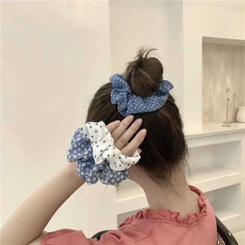 Thun cột tóc co giãn màu xanh lam hoa văn chấm bi/hoa cỏ thời trang