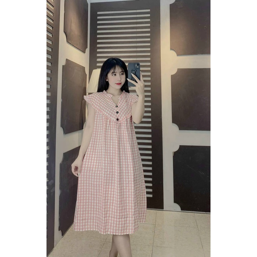 Đầm Bầu Váy Bầu Bigsize Form Rộng Thoải Mái Họa Tiết Kẻ Caro Cổ Tàu Dáng Xuông Xinh Xắn