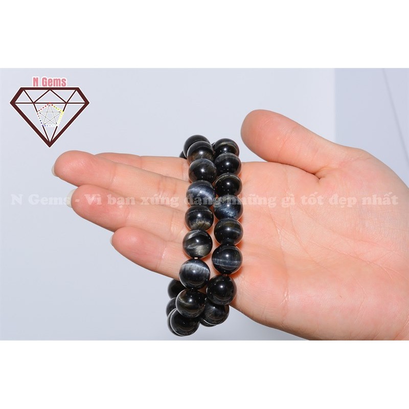 Vòng chuỗi làm từ đá - Màu đen ánh xanh - Hợp mạng Thuỷ và Mộc