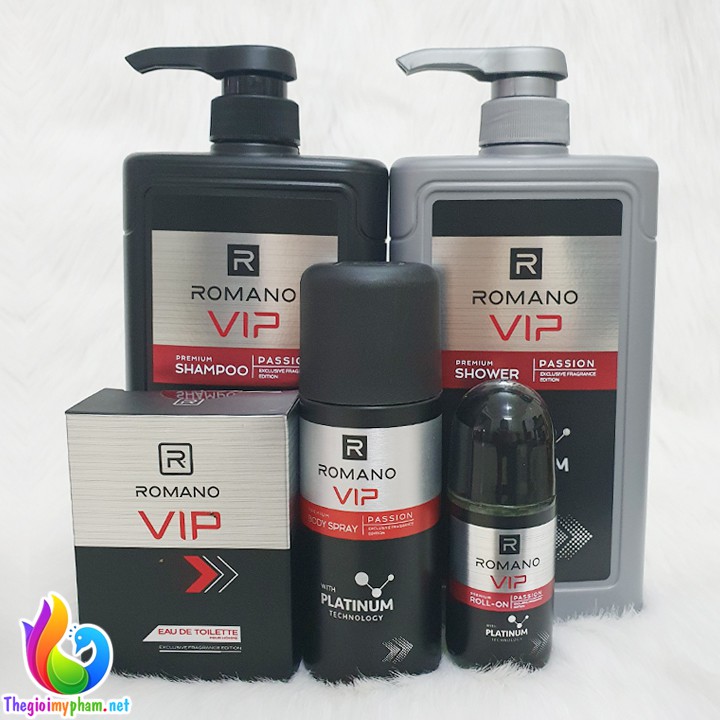 Combo Romano VIP Passion: Dầu Gội + Sữa Tắm 650g + Nước Hoa 50ml + Lăn Khử Mùi 50ml + Xịt Khử Mùi 150ml