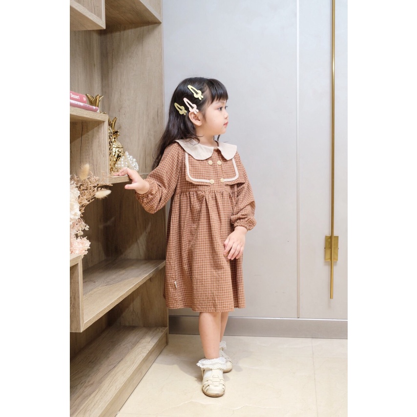 Váy thu dài tay cổ sen trắng, kẻ caro trắng cho bé 1-5 tuổi (Mã PL0023)