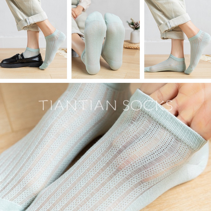 TIAN TIAN T216 Tất nữ ngắn cổ Vớ Cotton Phối Lưới Mỏng Thoáng Khí Màu Macaron Phong Cách Nhật Bản Dễ Phối Đồ