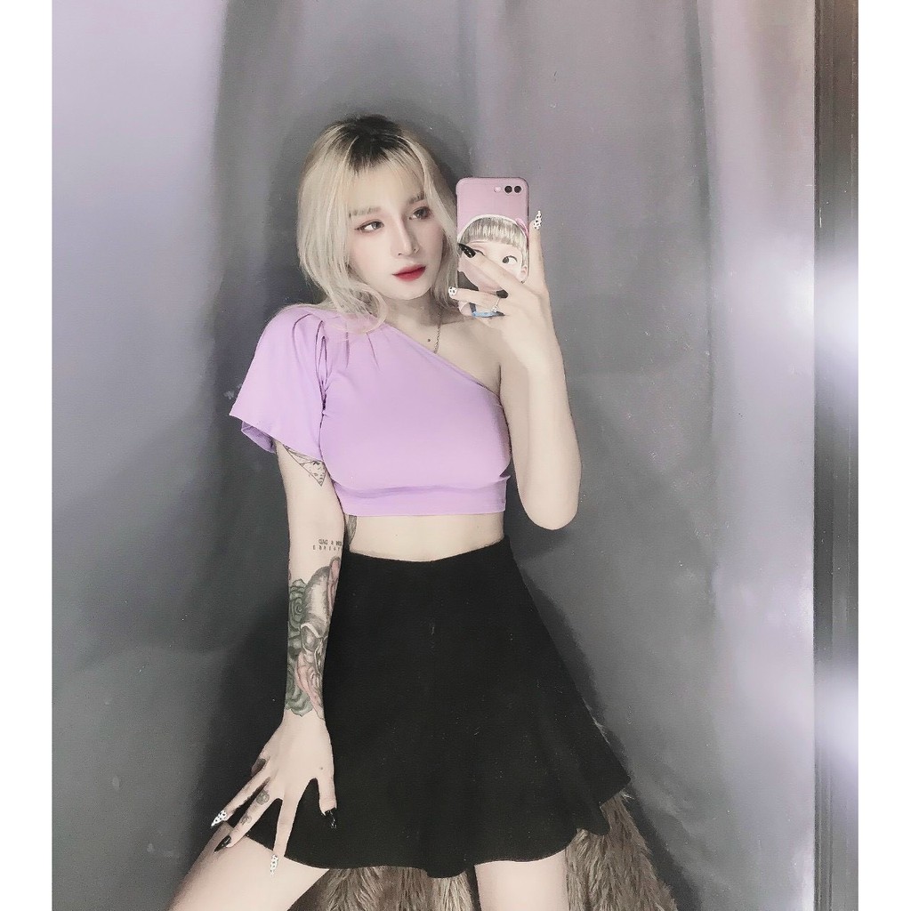 áo croptop kiểu lệch vai tay ngắn sexy, xinh đủ màu ảnh thật, chất bozip mềm