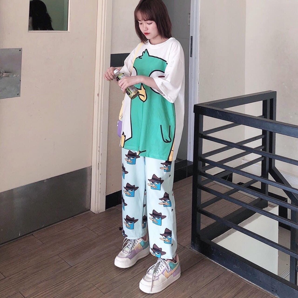 Quần thun dài ống rộng hoạ tiết hoạt hình cartoon dễ thương unisex nam nữ