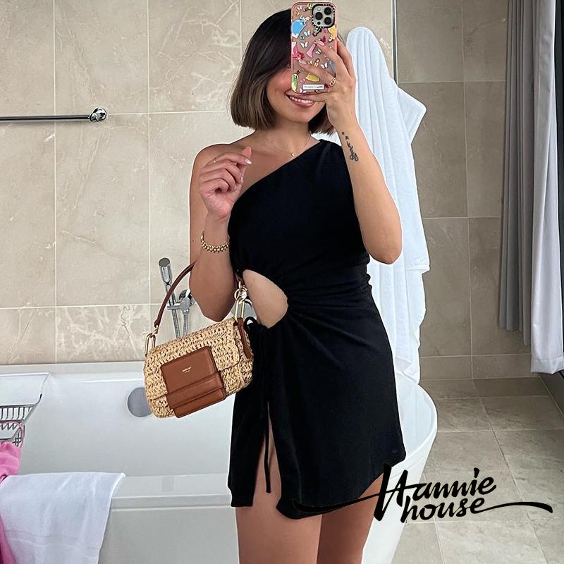Hannie-Women Glitter One Shoulder Hollow Waist Drawstring High Split Hip Dress