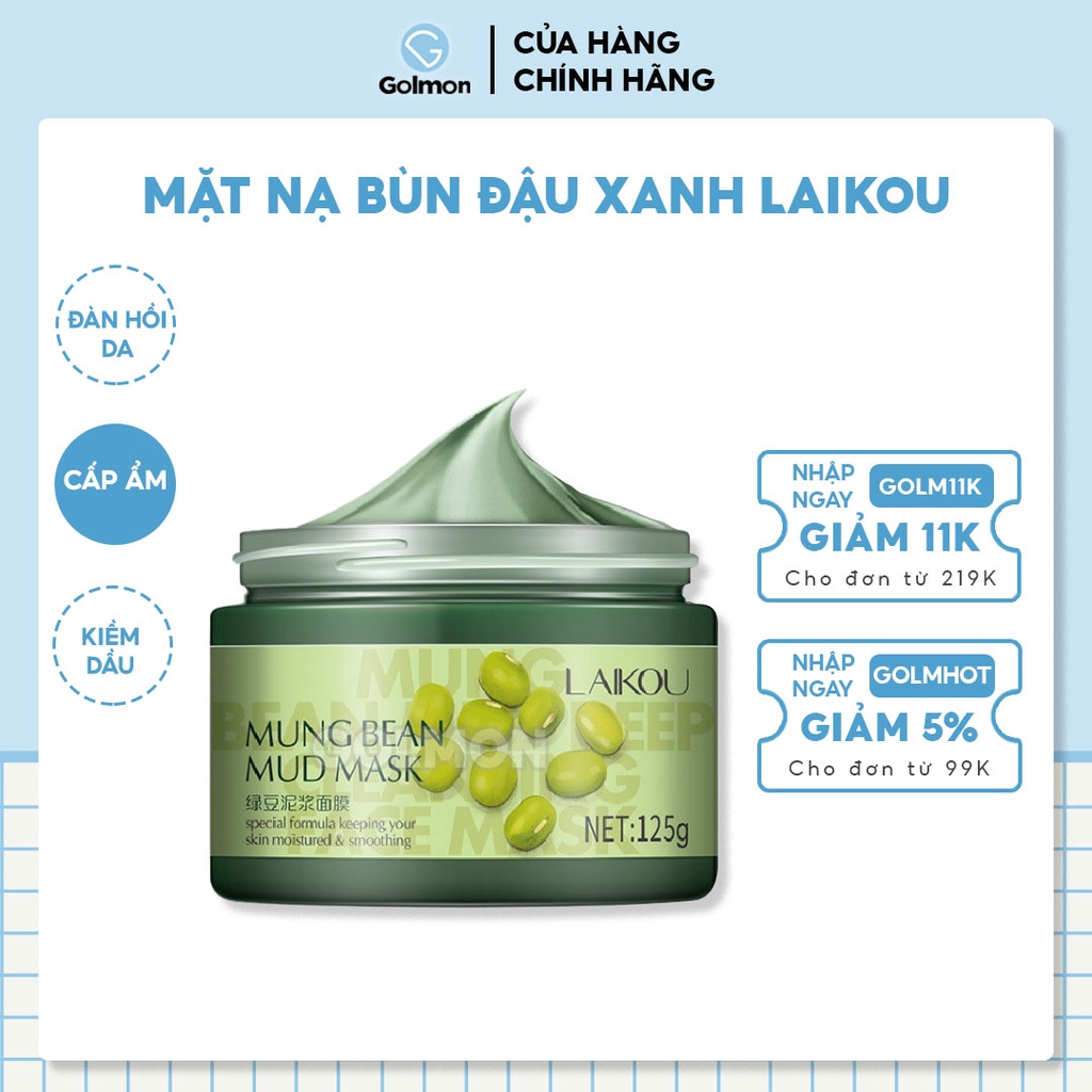 Mặt nạ bùn đậu xanh LAIKOU làm sạch sâu kiềm dầu loại bỏ mụn đầu đen se khít lỗ chân lông 125g Golmon