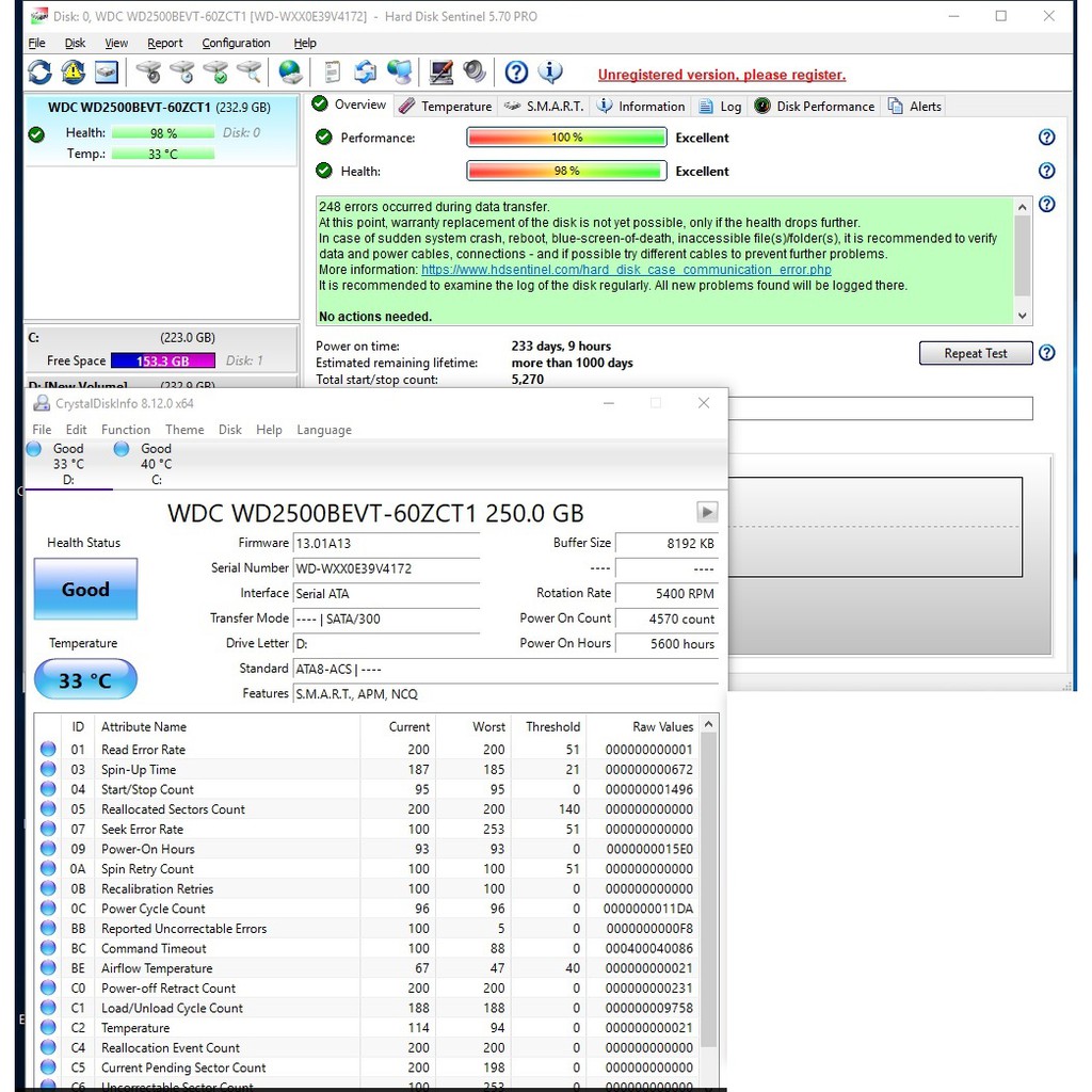 ổ cứng cho laptop WD Blue 250GB 5400RPM sata 2 3 GB/s 2.5 &quot; inch 9mm hdd 98% Caution WD2500BEVT