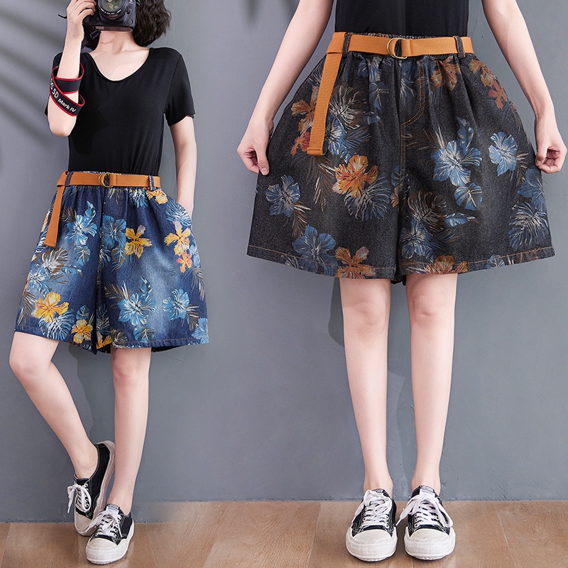Quần Short Denim Ống Rộng Lưng Thun Size Lớn In Họa Tiết Thổ Cẩm Kiểu Dân Tộc Nhật Bản Thời Trang Mùa Hè Cho Nữ
