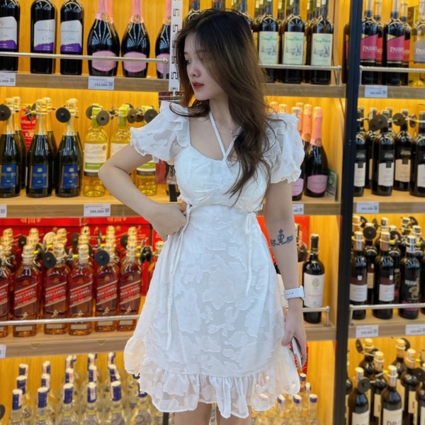 Đầm hoa nổi khoét lưng cao cấp  PLĐ57