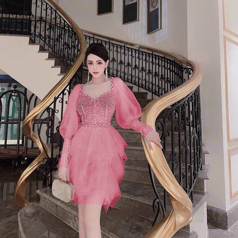 Đầm xoè tay phồng đính cườm ( ảnh và video thật 10000%)