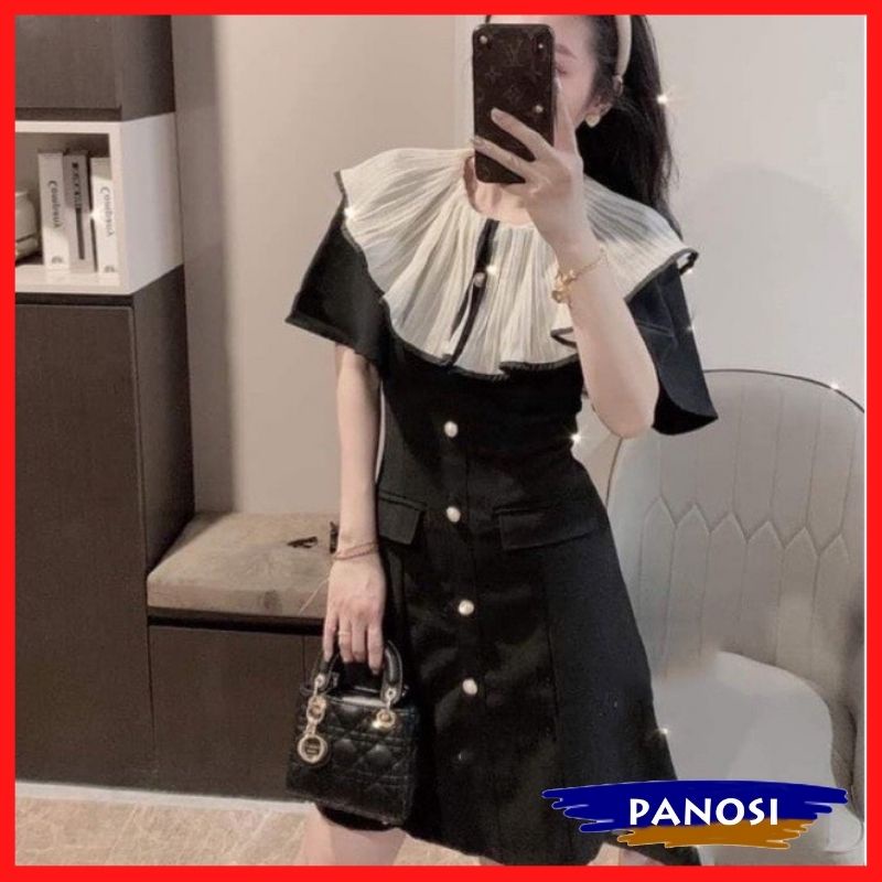 Váy kiểu dáng dài ngắn tay hàng cúc đá cổ áo phối vạt bèo nắp túi chiết eo sang chảnh PANOSI - V206