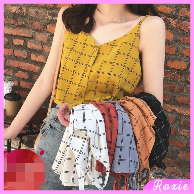 Áo hai dây nữ phối khuy thật, áo 2 dây kẻ caro ulzzang Hàn Quốc - Roxie