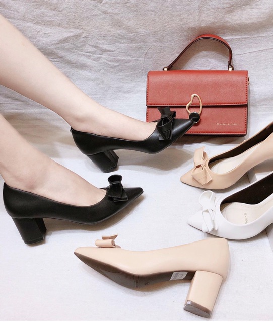 CG73 - Giày da lì mũi nhọn gót vuông 5p nơ VNXK ( ảnh thật,kèm video)