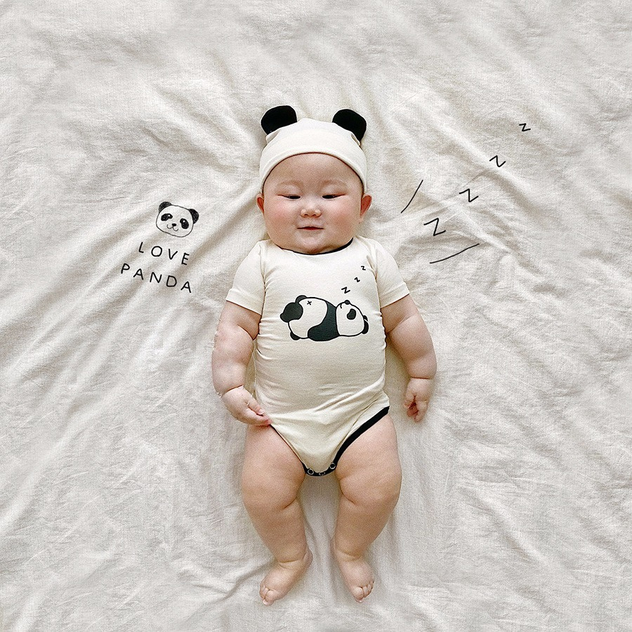 Bộ Áo Liền Quần Cotton Tay Ngắn In Hình Gấu Trúc Với Mũ Đáng Yêu Thoải Mái Thời Trang Hè Cho Bé